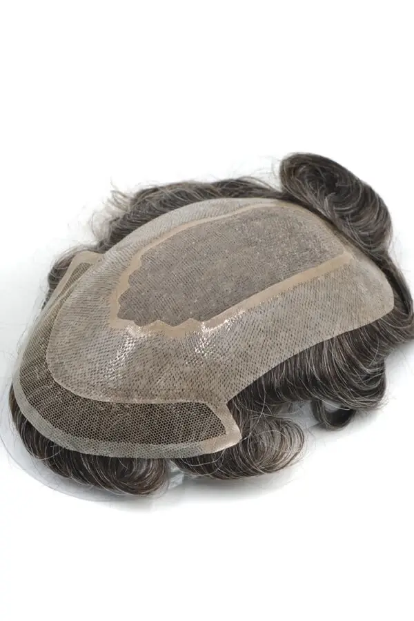 Custom LMS hair system with lace front and mono base shown from above, highlighting the natural hairline