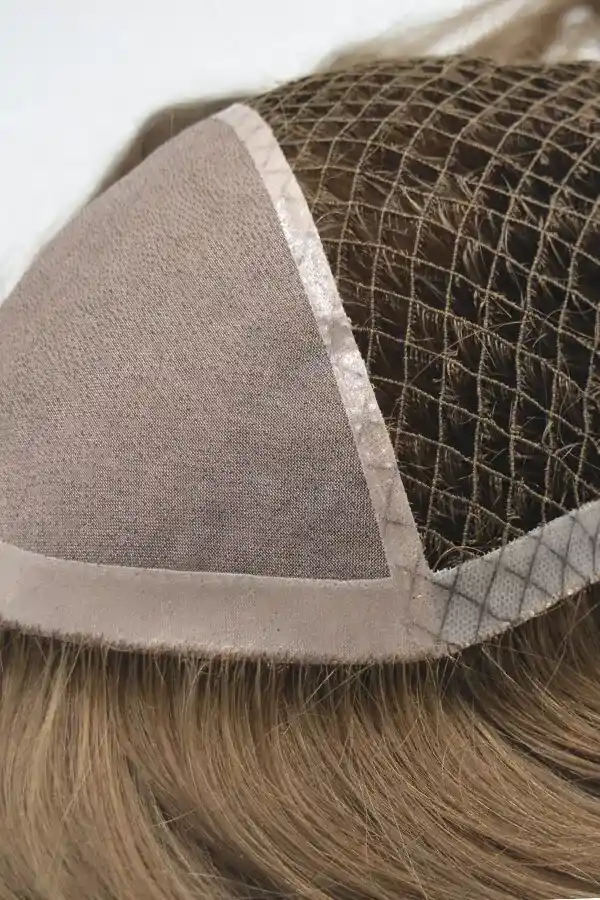 Custom hair Systems Fish Net with Mono front Base Toupee for Women shown on a display head