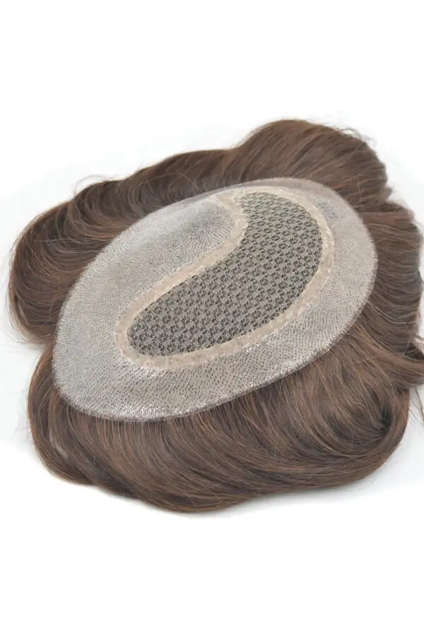 Custom men's silk top hair system with I-lace front and PU undervent shown from above, hairline visible