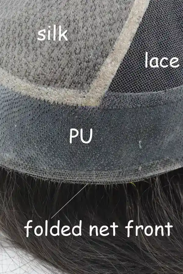 Underside of the combination toupee showing the lace perimeter and PU natural base with dual-layer net