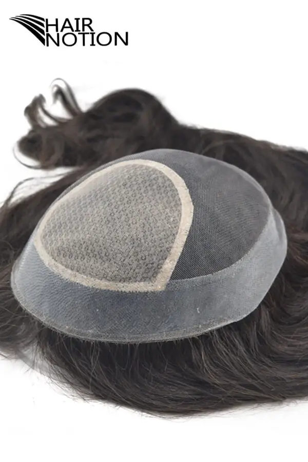 Custom women's hair system with Swiss lace front and silk top shown from above, highlighting the 9 by 10 inch front form