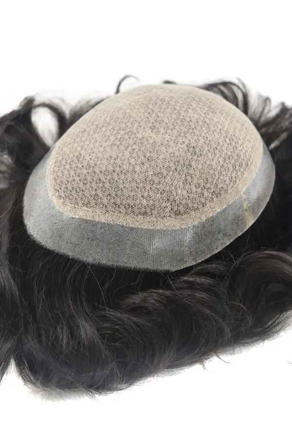 Custom men's hair system with silk base and PU ring shown from above, front hairline visible