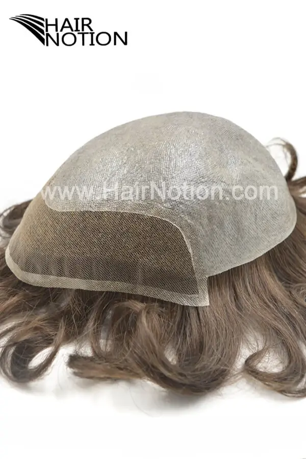 Customized BIO lace front skin hair replacement system for men shown from above with the lace front visible