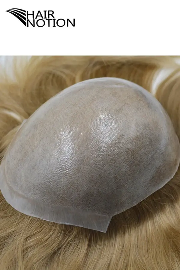Customized injected skin men's toupee wig shown from above with the front hairline visible