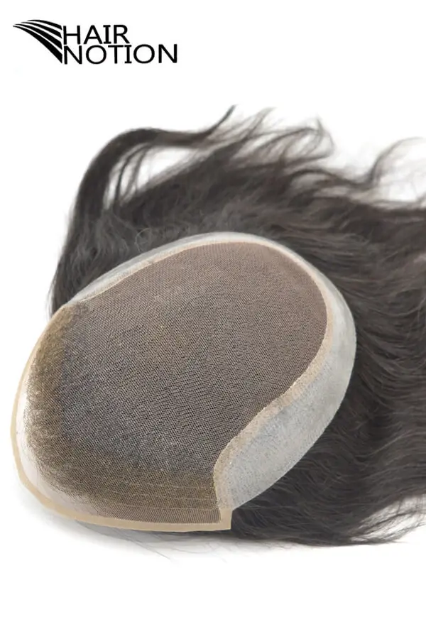 Custom men's hair system on full French lace with 1 inch NPU strip at the back, shown from above with the brush back style visible