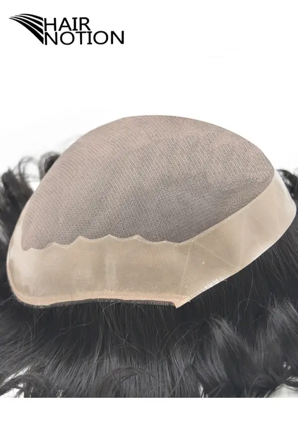 Customized men's toupee with mono base and NPU strip shown from above, front hairline visible