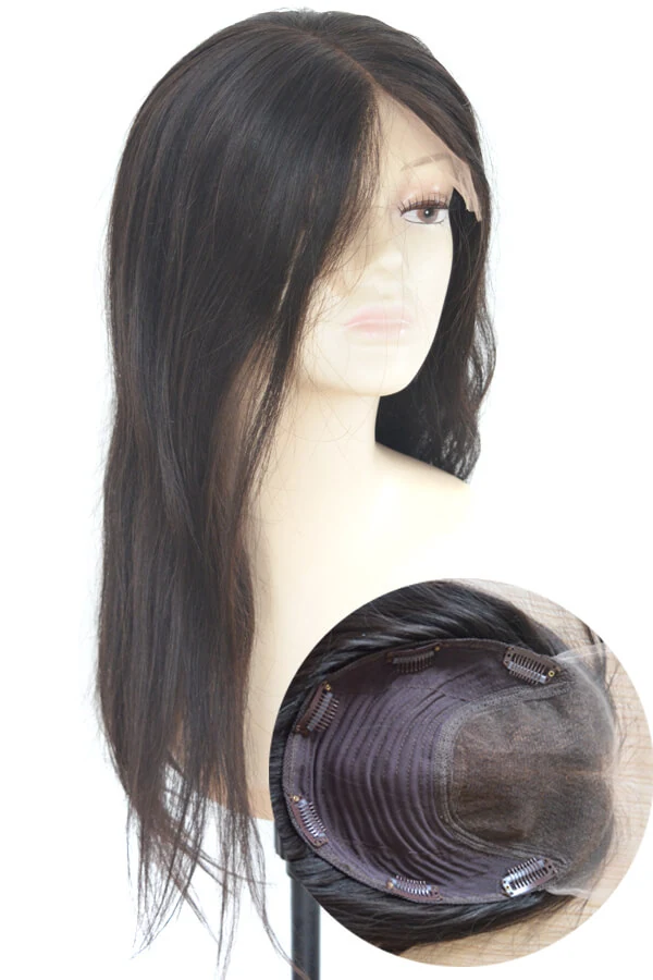 4x4 inch lace front topper for women shown from above with the natural hairline visible
