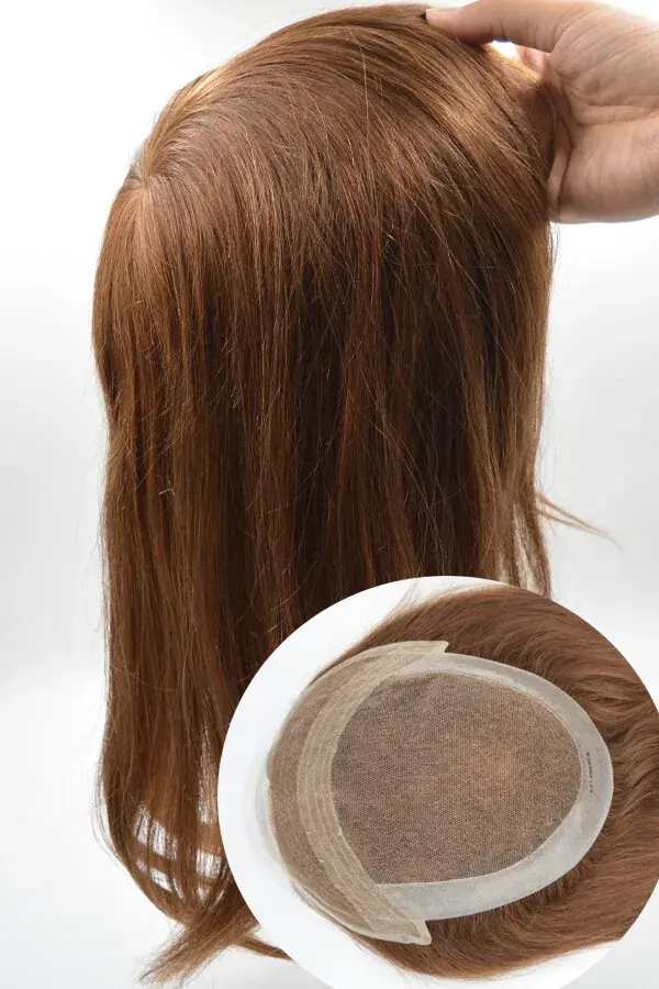 Side view of the custom topper showing the transition from lace front to thin skin base at the crown