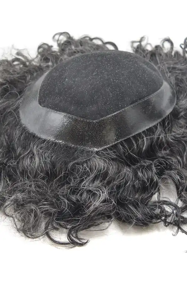 Black base color men's hair topper with mono and PU durable base, shown from above with the front hairline visible