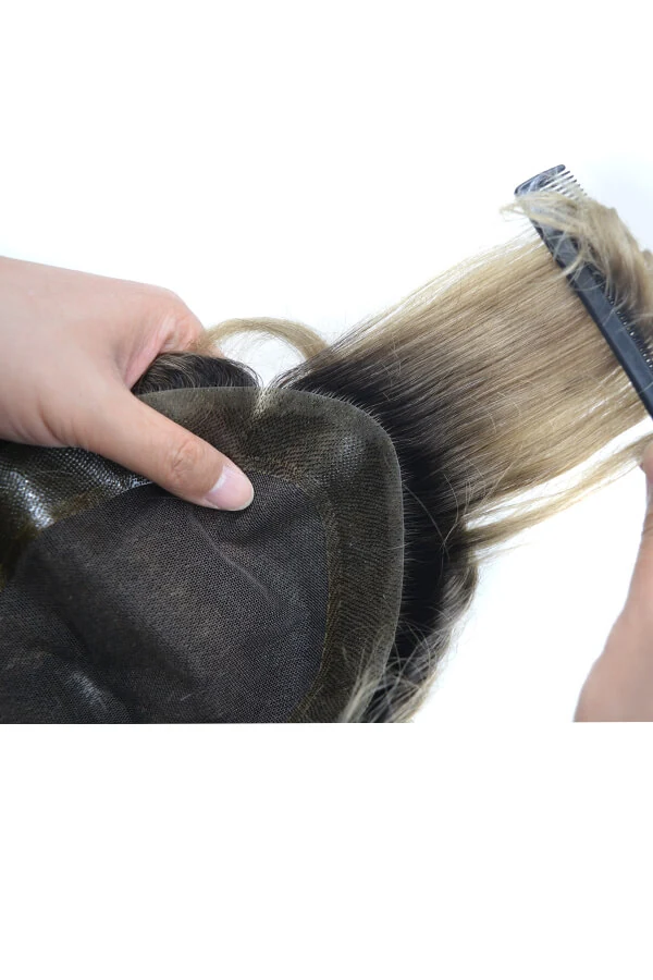 Side view of the toupee showing the natural hairline and the transition from lace to PU base
