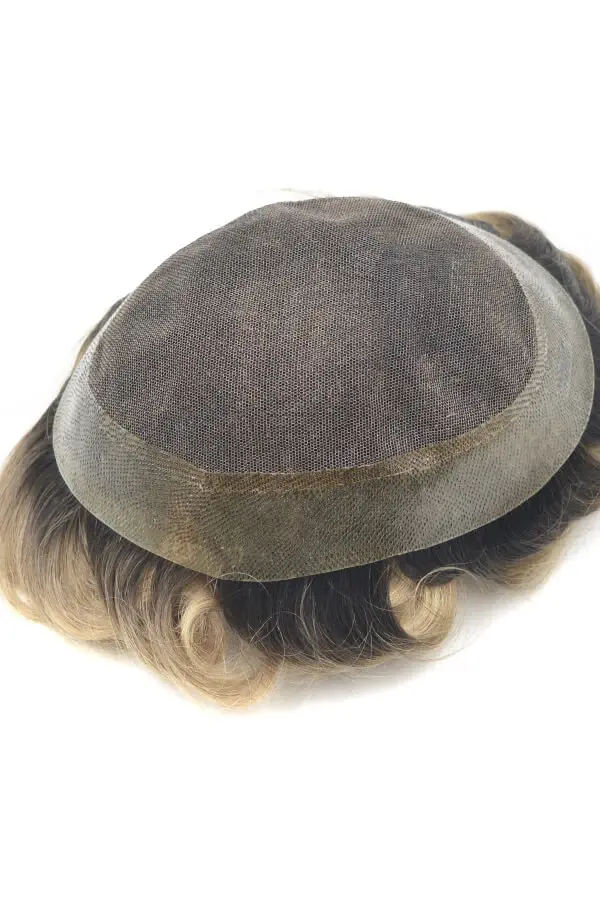 Customized French lace men's hair toupee with PU base shown from above, highlighting the lace front and back PU section