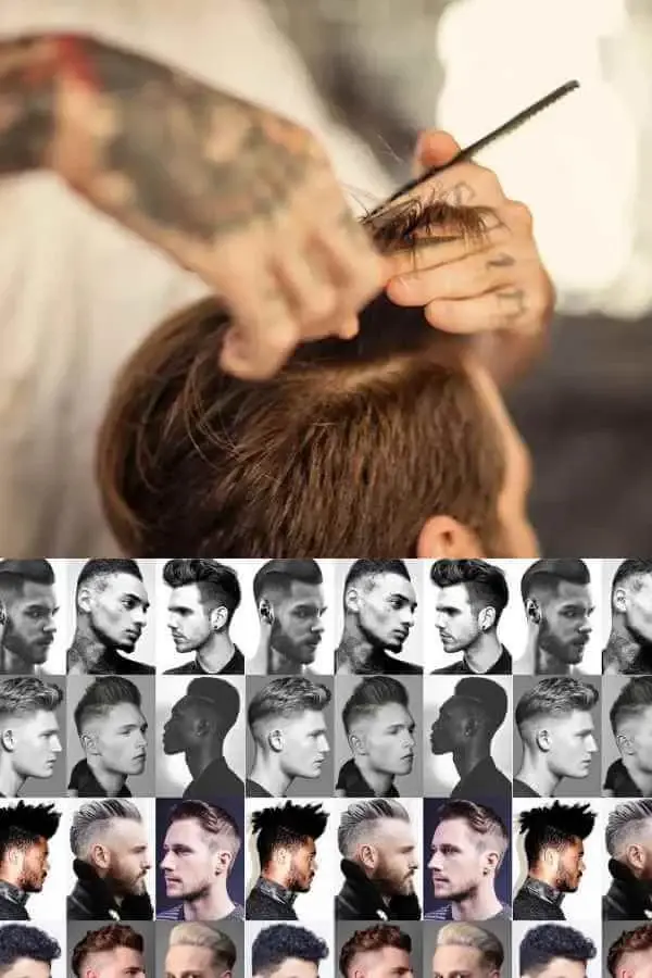 Professional stylist trimming a toupee on a mannequin head, showing precise cutting around the hairline