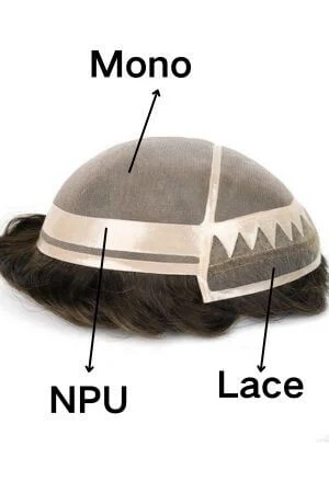 DMP hair system styled on a mannequin head showing the front parting and natural hairline