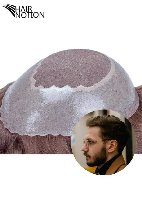 DMS scalloped front skin mono top men's hair system shown from above with the front hairline visible