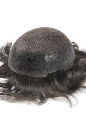 Durable toupee for men shown from above with the front hairline and lace perimeter visible