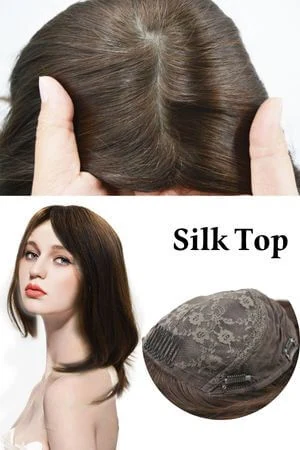 SAURA silk top topper shown from above with the front hairline and clips visible