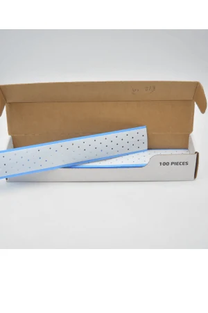 Walker Extenda-Bond Plus Toupee Tape shown in a box with 100 pre-cut pieces, blue and white liner visible