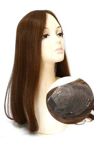 AURA silk top female hair topper shown from above with the free part style visible