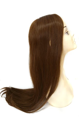 AURA hair topper styled on a mannequin head showing the crown coverage and natural parting