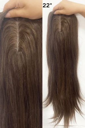 Side view of the hair topper showing the 22 inch length and full volume at the crown