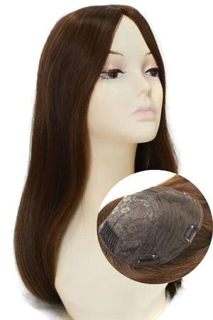 Silk top female hair topper shown from above with the free part style and natural parting visible