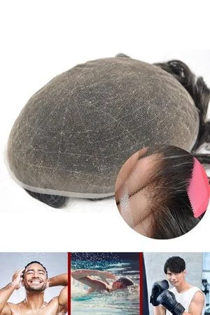 Men's French lace hair system shown from above with the front hairline visible