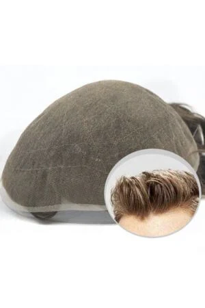 Full French lace men's hair system shown from above with the front hairline visible and bleached knots