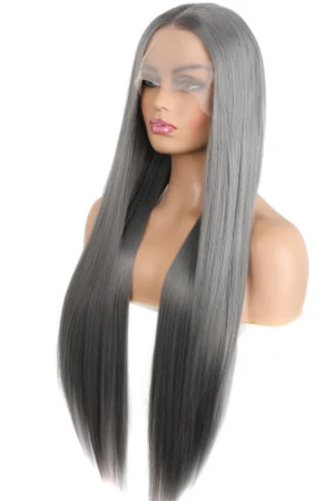 Gray synthetic hair fun wig on a mannequin head with the hair styled in a loose wave