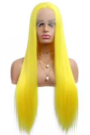 Yellow synthetic hair fun wig with a full, voluminous style