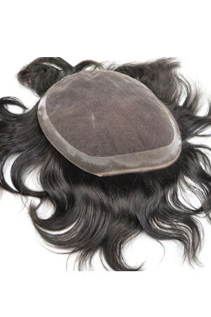 Men's hair replacement system with Super Swiss lace front and clear poly-coated edge, shown from above