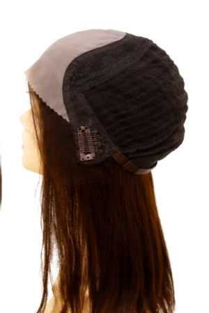 Wig worn on a mannequin head with the hair parted to the side