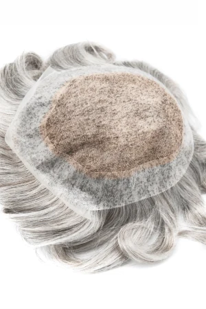Front view of the toupee with the double knotted hairline and natural parting