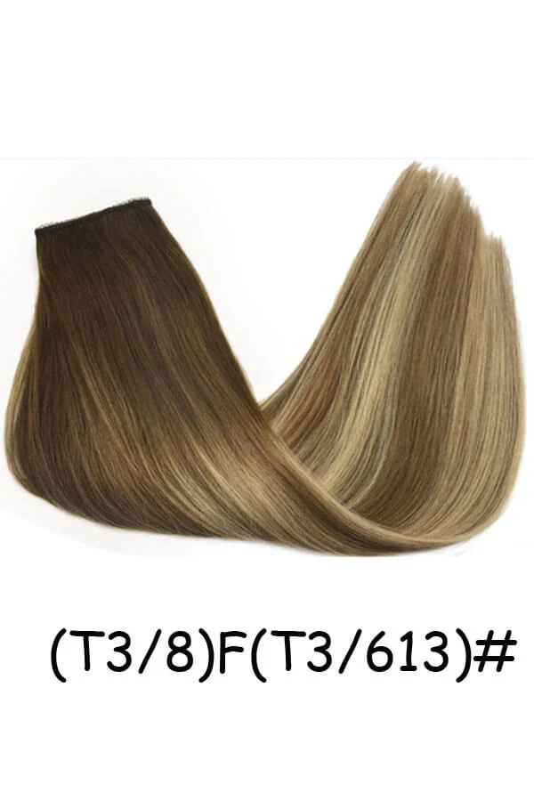 Women's flip-in hair extension with transparent wire and lace weft shown from above, blending with natural hair