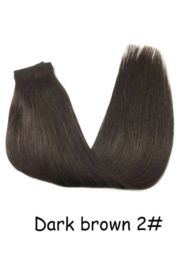 Women's hairpiece straight hair extensions with transparent wire shown from above, highlighting the lace weft and clips