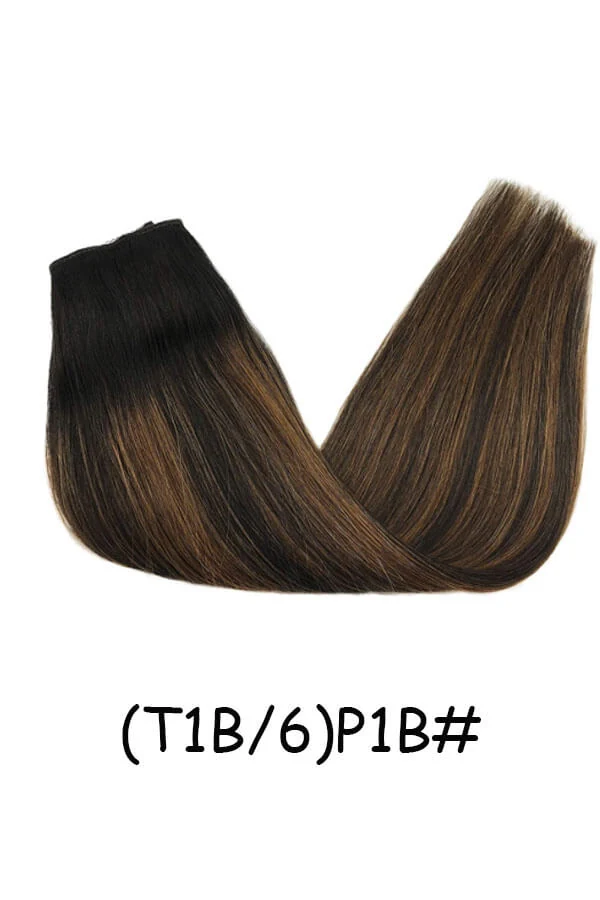 Women's flip-in hair extension with transparent wire and lace weft shown from the front, blending with natural hair