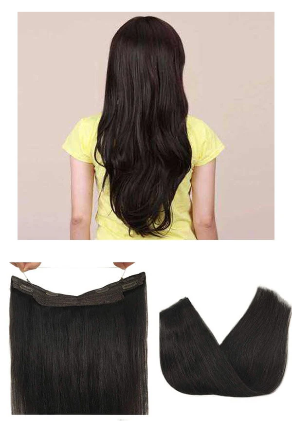 Hairpiece straight hair extensions with transparent line shown from above, highlighting the lace weft and invisible wire