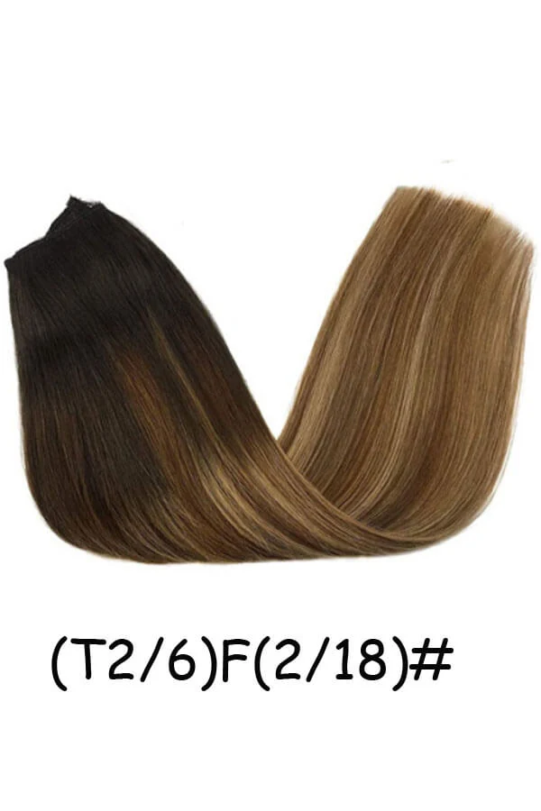 Women's flip-in hair extensions with transparent wire and lace weft shown from above, hair flowing straight