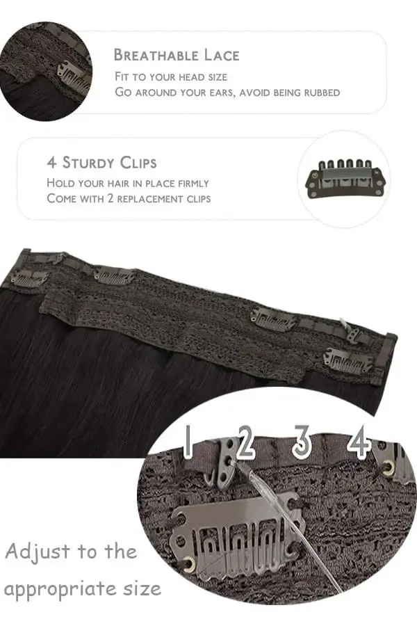 Side view of flip-in hair extension showing the transparent wire and how it blends with natural hair