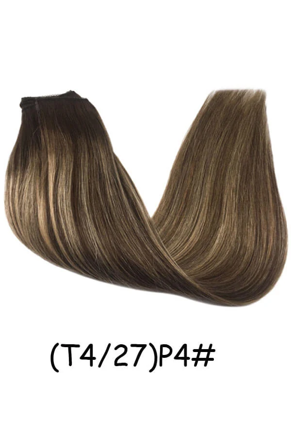 Women's flip-in hairpiece with transparent wire and lace weft shown from above, blending with natural hair
