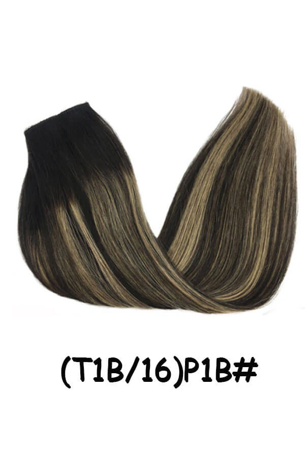 Front view of a women's flip-in hair extension with transparent wire and lace weft, showing the clip placement and natural hairline blend