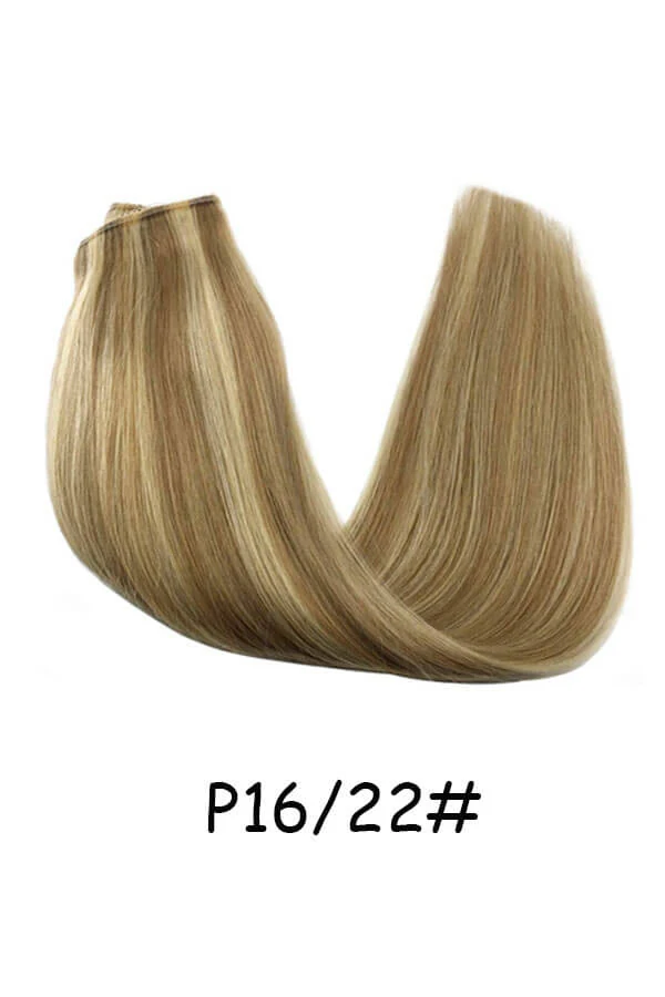 Hairpiece straight hair extensions with transparent line invisible for women shown from above with the lace weft and clips visible
