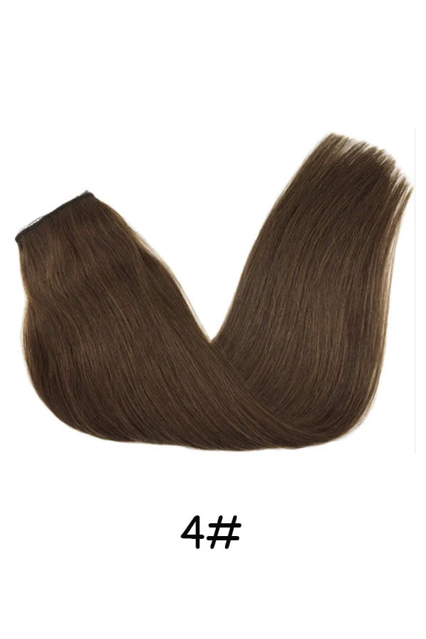 Women's flip-in hair extensions with transparent wire and lace weft shown from above