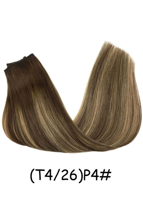 Women's flip-in hairpiece with transparent wire and lace weft shown from above, hair flowing naturally
