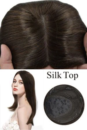 SAURA silk top hair topper shown from above with the front hairline visible and clips in place