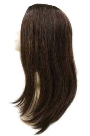 SAURA hair topper styled on a mannequin head showing the natural crown coverage and parting
