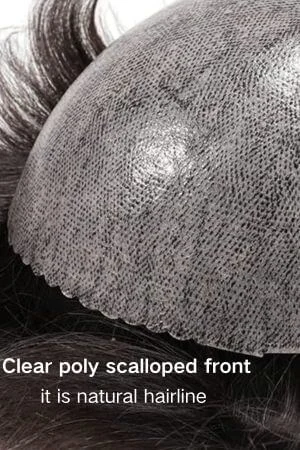 Front view of the toupee styled on a mannequin head with a natural parting and soft wave