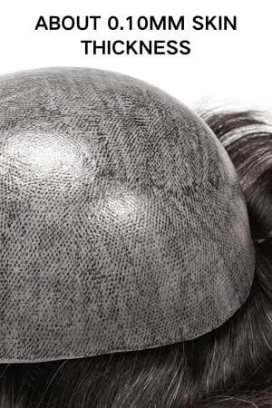 Side view of the thin skin toupee showing the transparent base and gauze reinforcement layer