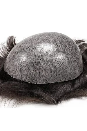 Durable scalloped front human hair thin skin toupee for men shown from above with the front hairline visible