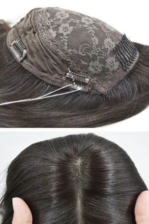 SAURA hair topper styled on a mannequin head showing the natural parting and free style