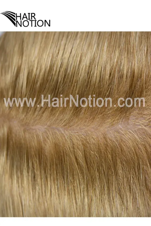 Close-up of the IS-DE hairline showing the natural knot placement and transparent base